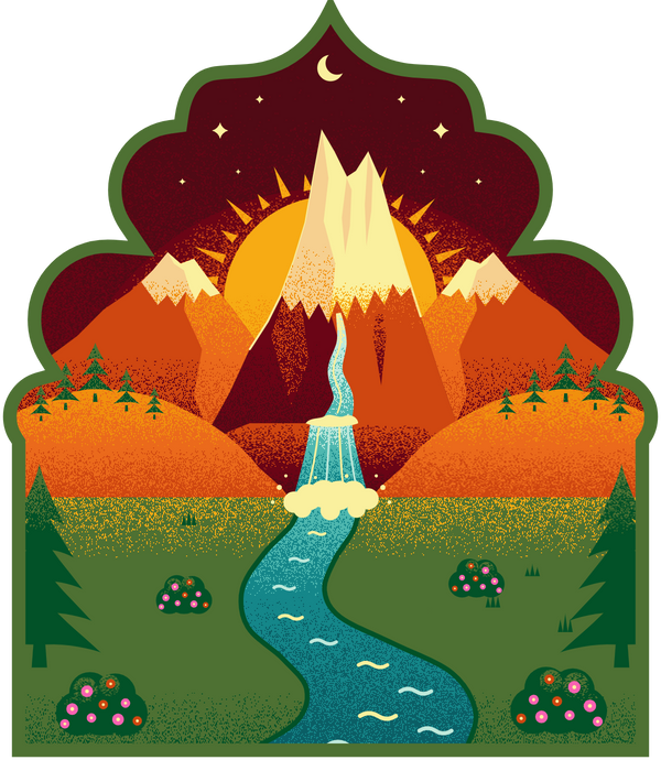 Illustration of a Himalayan peak at sunrise, with a glacier waterfall feeding a river, framed by a Mughal arch