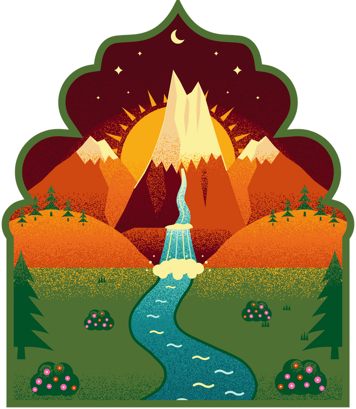 Illustration of the Himalayas at sunrise, with a glacier waterfall feeding a river