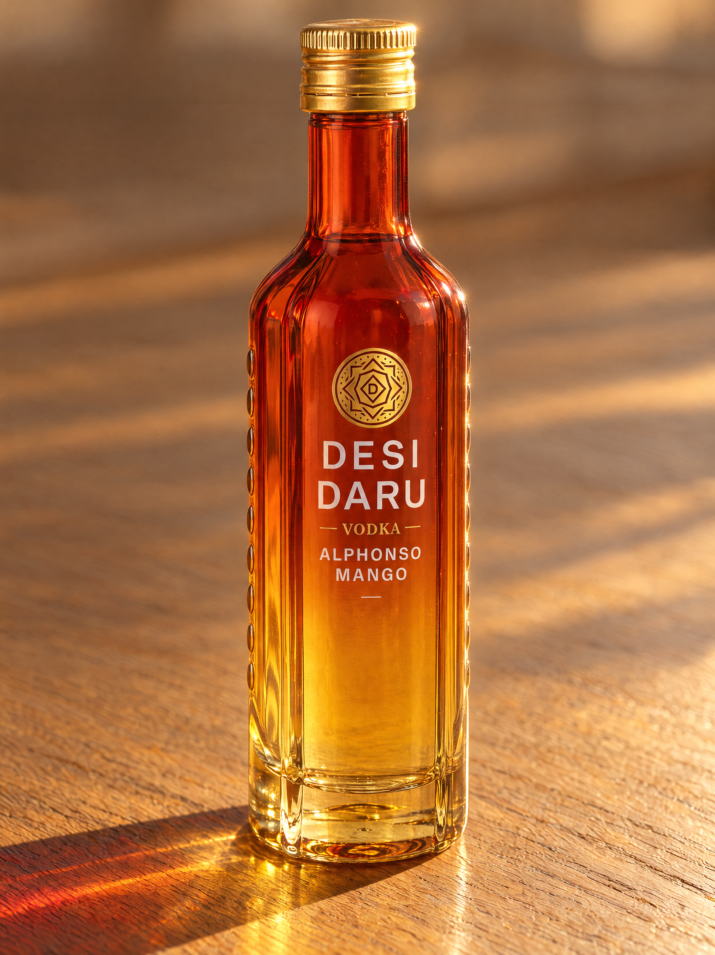 Desi Daru Alphonso Mango Mini Vodka 5cl on oak in late afternoon sun