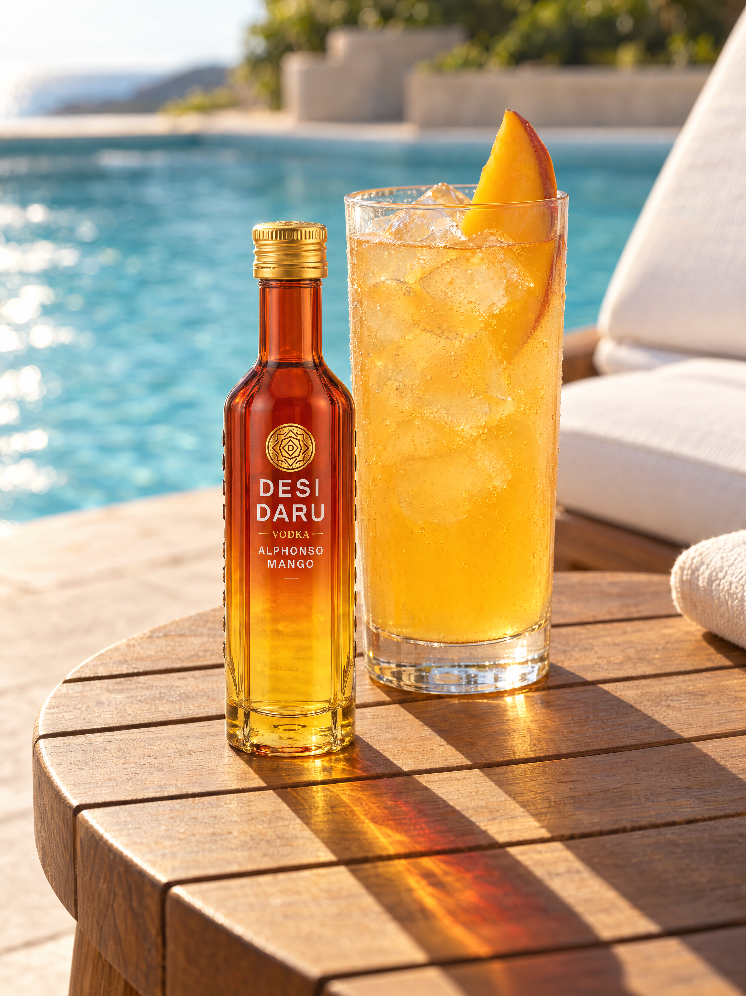 Desi Daru Alphonso Mango Mini Vodka 5cl with a mango spritz by the pool