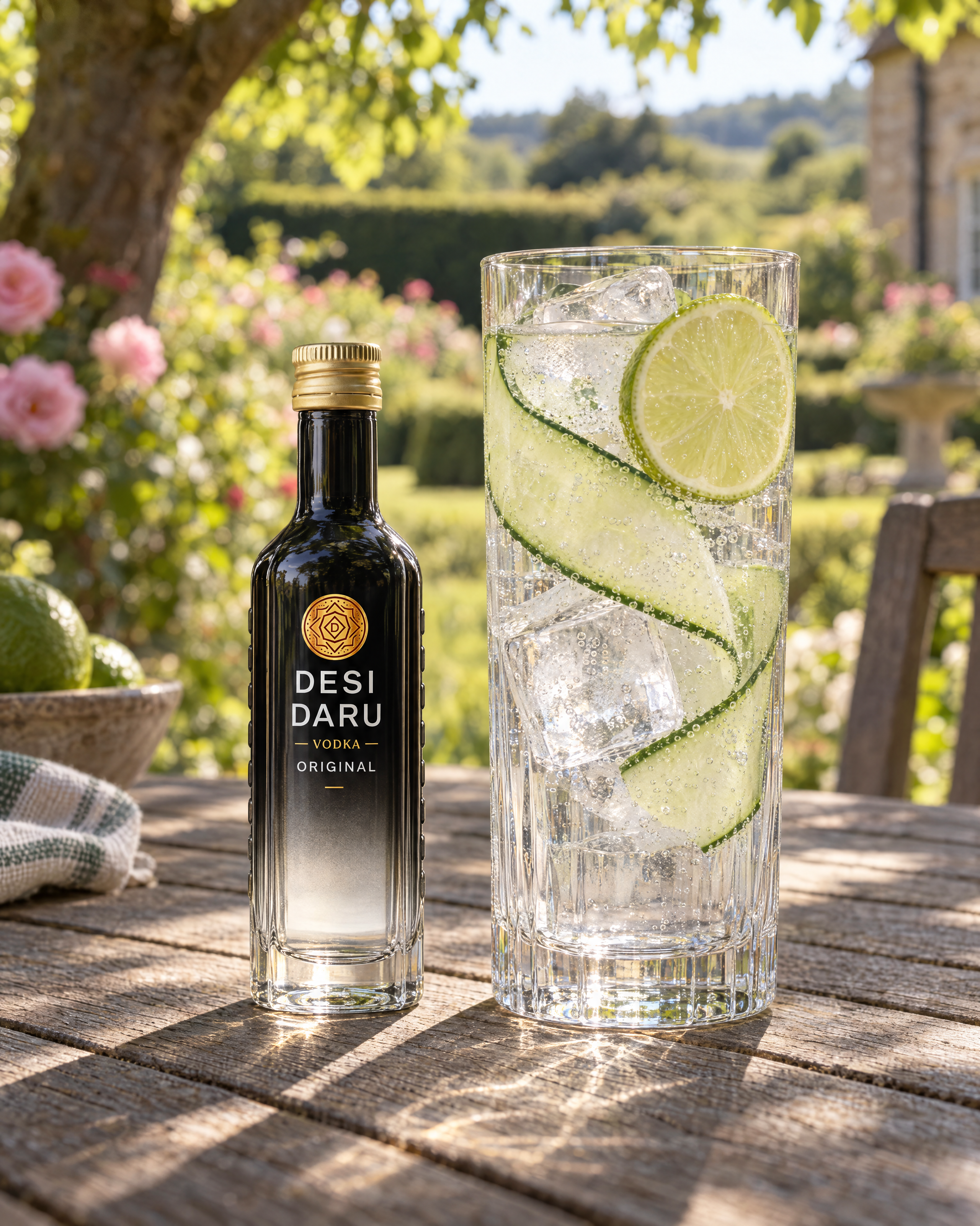 Desi Daru Original Mini Vodka 5cl with a vodka tonic in an English garden