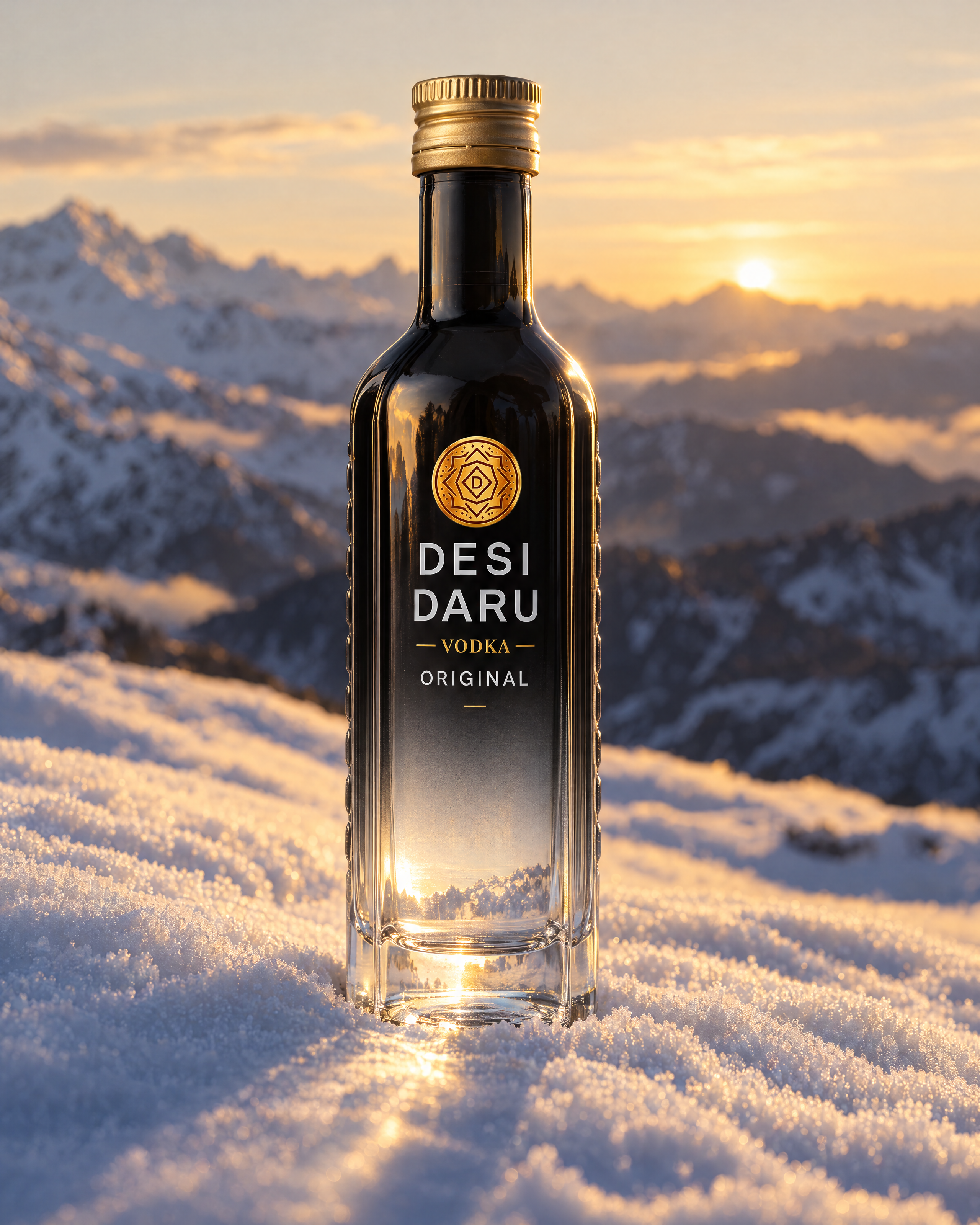 Desi Daru Original Mini Vodka 5cl in Himalayan snow at golden hour